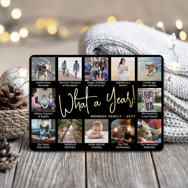 What a Year! Black 12 Photo Collage & Captions Foil Holiday Card (Creator Uploaded)