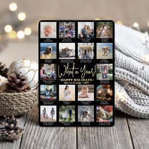 What a Year! Black 18 Photo Collage & Captions Foil Holiday Card