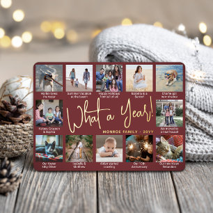 What a Year! Burgundy 12 Photo Collage & Captions Foil Holiday Card