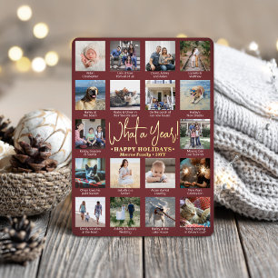 What a Year! Burgundy 18 Photo Collage & Captions Foil Holiday Card