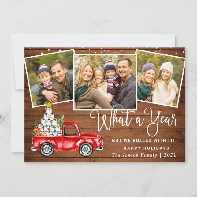 What a Year Christmas Red Farm Truck 3 Photo Holiday Card (Front)