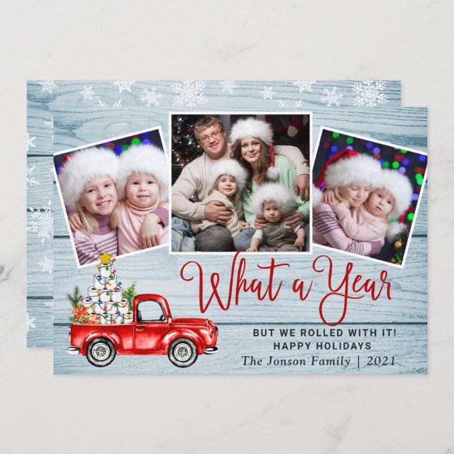 What a Year Christmas Red Farm Truck 3 Photo Holiday Card (Front/Back)