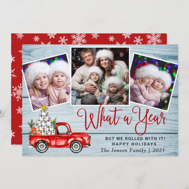 What a Year Christmas Red Farm Truck 3 Photo Holiday Card (Front/Back)