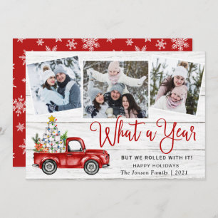 What a Year Christmas Red Farm Truck 3 Photo Holiday Card