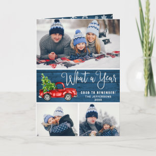 What a Year Christmas Red Farm Truck 3 Photo Holiday Card