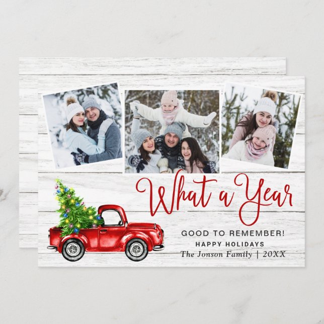 What a Year Christmas Red Farm Truck 3 Photo Holiday Card (Front/Back)