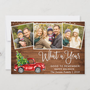 What a Year Christmas Red Farm Truck 3 Photo Holiday Card