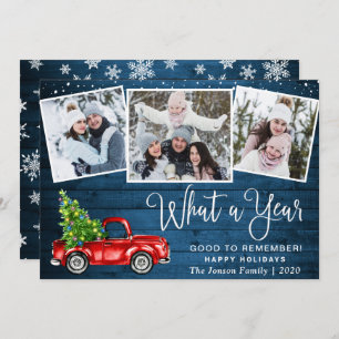 What a Year Christmas Red Farm Truck 3 Photo Holiday Card