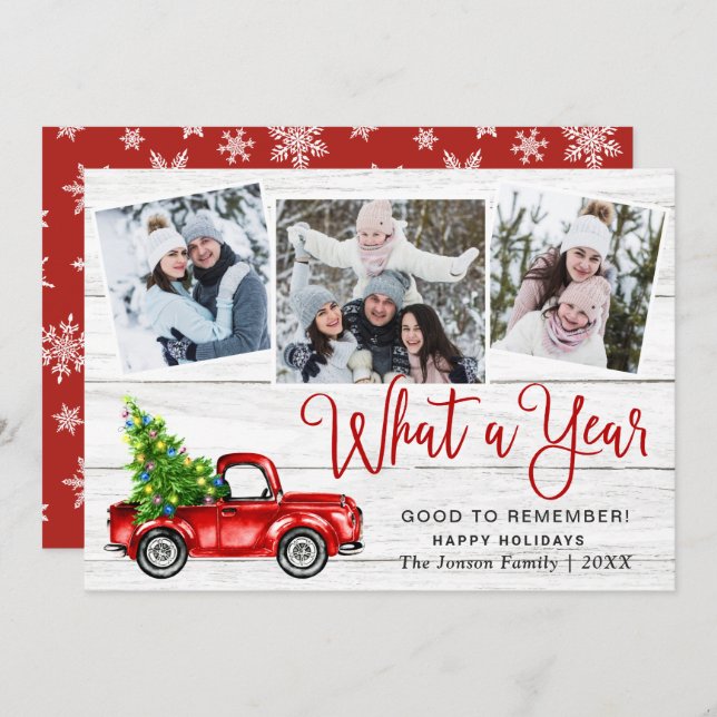 What a Year Christmas Red Farm Truck 3 Photo  Holiday Card (Front/Back)