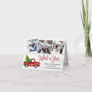 What a Year Christmas Red Farm Truck 3 Photo Holiday Card