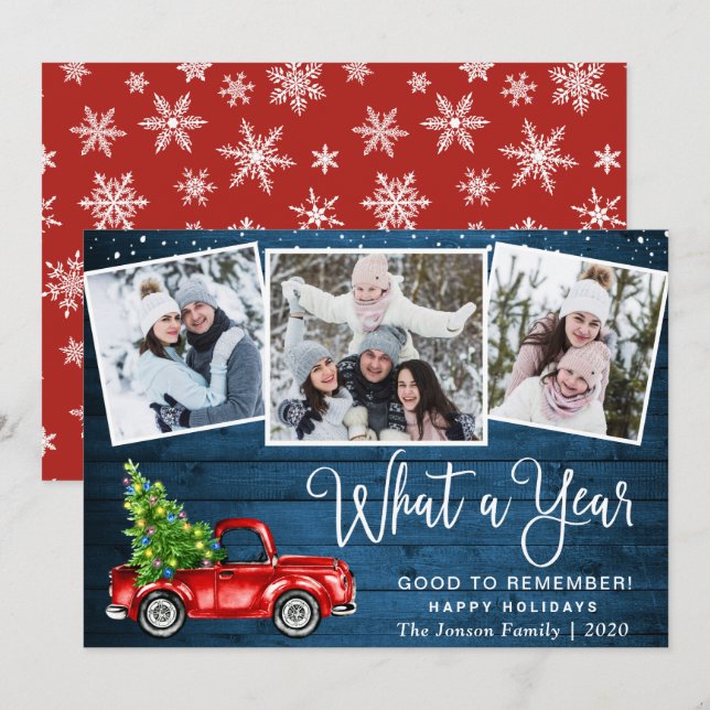 What a Year Christmas Red Farm Truck 3 Photo  Holiday Card (Front/Back)