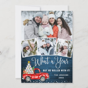 What a Year Christmas Red Farm Truck 4 Photo Holiday Card
