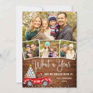 What a Year Christmas Red Farm Truck 4 Photo Holiday Card