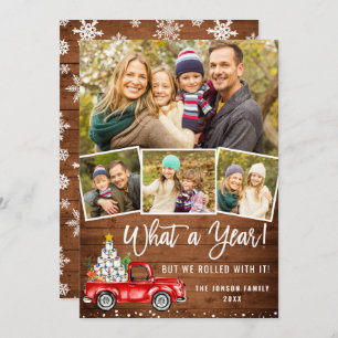 What a Year Christmas Red Farm Truck 4 Photo Holiday Card