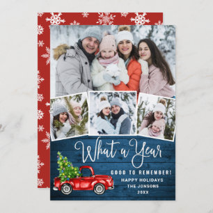 What a Year Christmas Red Farm Truck 4 Photo Holiday Card