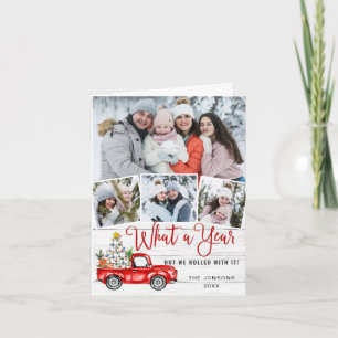 What a Year Christmas Red Farm Truck 4 Photo Holiday Card