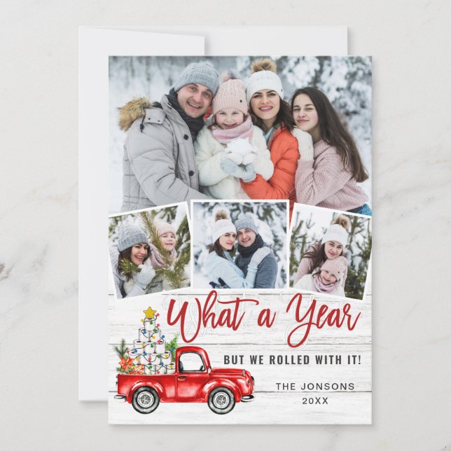 What a Year Christmas Red Farm Truck 4 Photo Holiday Card (Front)