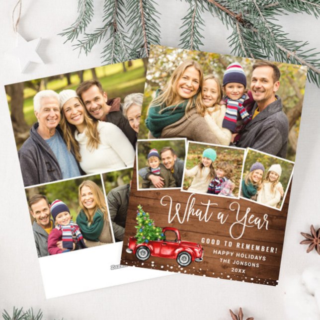 What a Year Christmas Red Farm Truck 7 Photo Holiday Card (Creator Uploaded)
