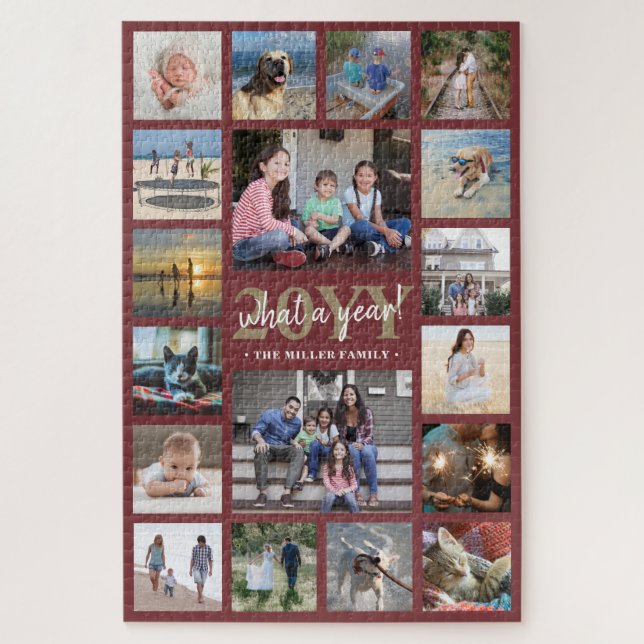 What a Year Family Photo Collage Burgundy Red Gold Jigsaw Puzzle (Vertical)