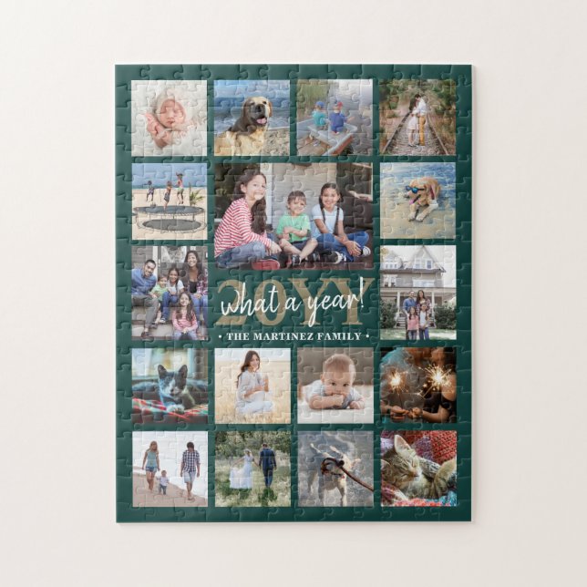 What a Year Family Photo Collage Green & Gold Xmas Jigsaw Puzzle (Vertical)