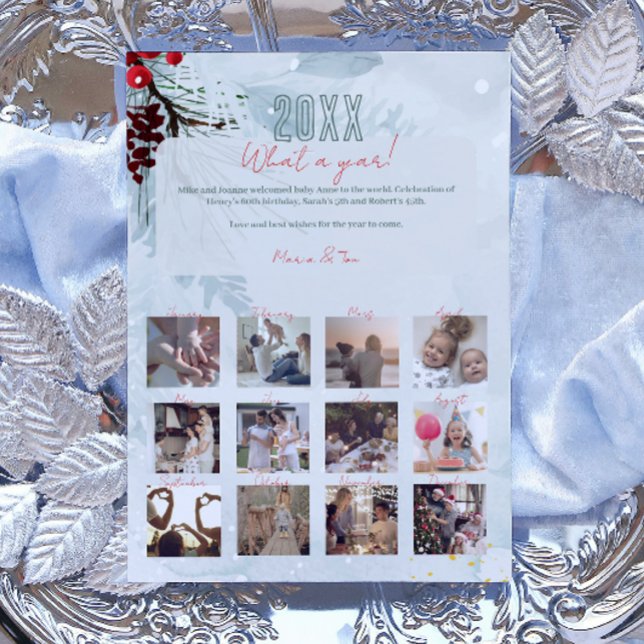 What A Year In Review 12 Family Photo Collage Mint Holiday Card (Creator Uploaded)