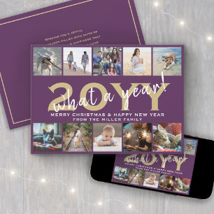 What a Year! Modern 10 Photo Collage Purple & Gold Holiday Card