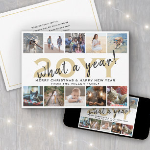 What a Year Modern 10 Photo Collage White and Gold Holiday Card