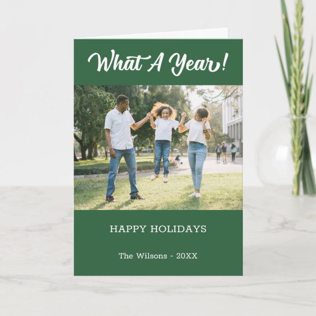 What A Year Modern 2 Photo Green Holiday Card (Front)