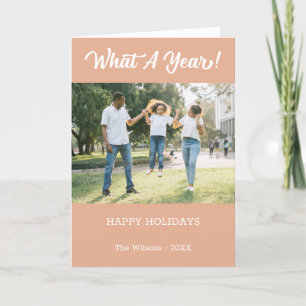 What A Year Modern 2 Photo Peach Holiday Card