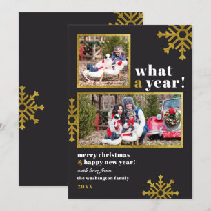 What A Year!   Modern Black & Gold Christmas Photo Invitation