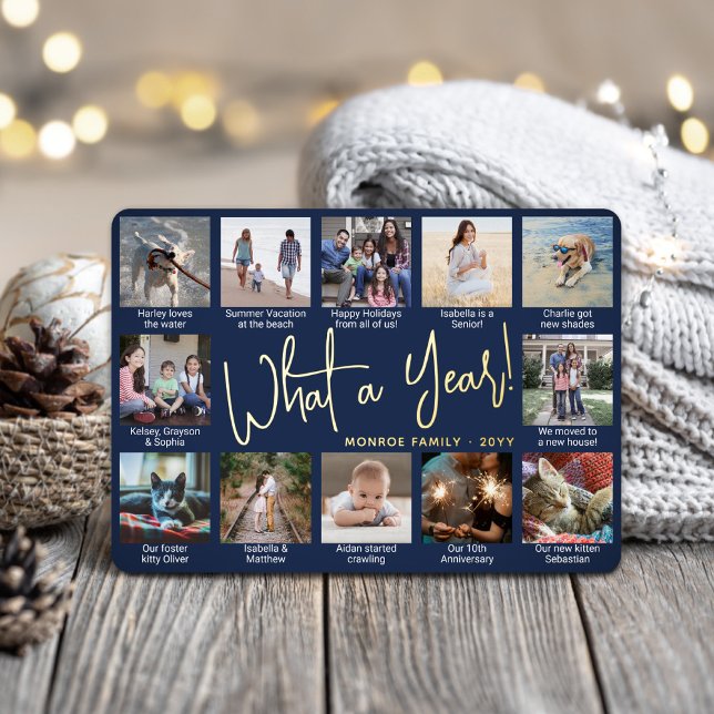 What a Year! Navy Blue 12 Photo Collage & Captions Foil Holiday Card (Creator Uploaded)