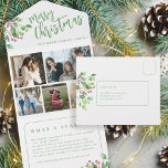 What a year photo botanical foliage Christmas card<br><div class="desc">Modern elegant Merry Christmas handwritten brushed green calligraphy script with 5 family photo collage tri fold year in review holiday card with your custom personalised text on both sides featuring green watercolor branches of botanical foliage with holy berries.</div>
