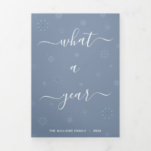 What A Year Photo Year in Review Dusty Blue Tri-Fold Holiday Card