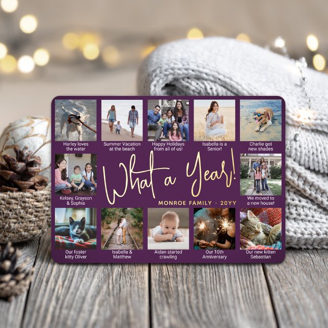 What a Year! Purple 12 Photo Collage & Captions Foil Holiday Card (Creator Uploaded)
