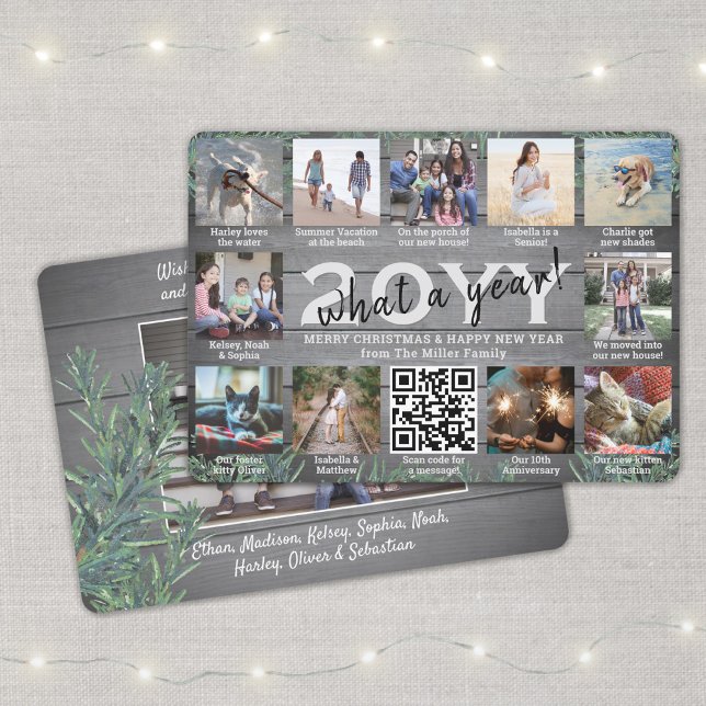 What a Year! QR Code 12 Photo Collage Wood & Pine Holiday Card (Creator Uploaded)