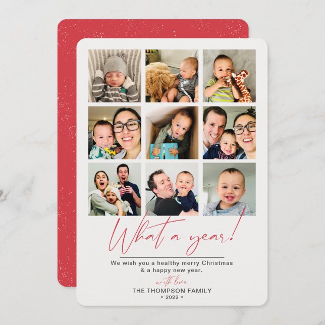 What a Year Red Photo Collage  Holiday Card (Front/Back)