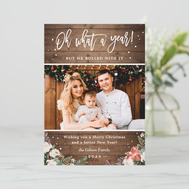 What A Year Rustic Wood Berries Floral Photo Holiday Card (Standing Front)