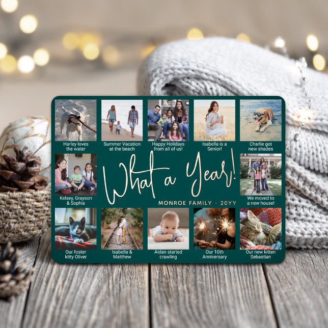 What a Year! Teal Green 12 Photo Collage Modern Foil Holiday Card (Creator Uploaded)