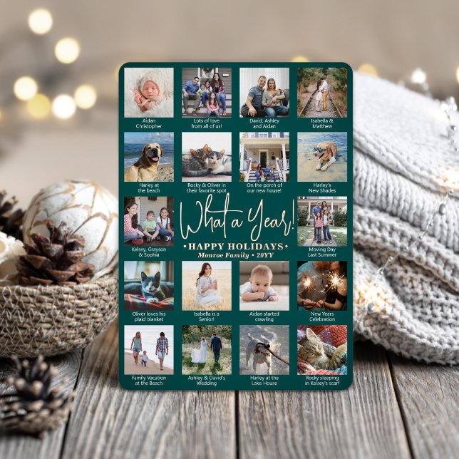 What a Year! Teal Green 18 Photo Collage Modern Foil Holiday Card (Creator Uploaded)