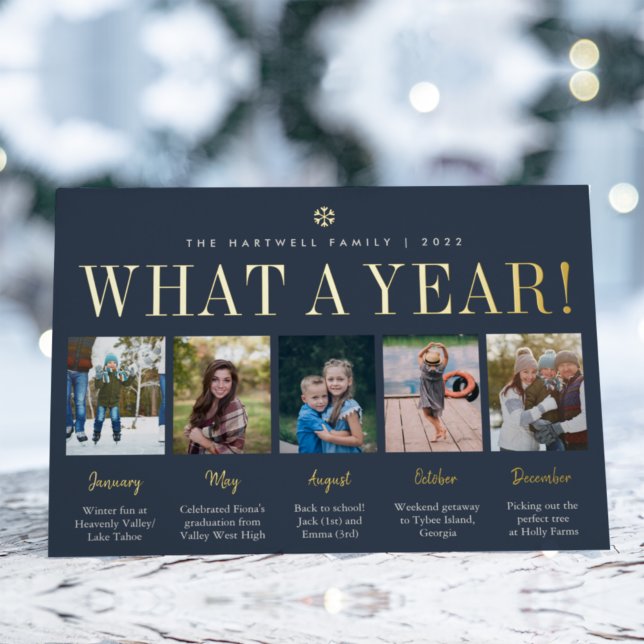 What a Year | Year in Review 5 Photo Collage Foil Holiday Card (Creator Uploaded)