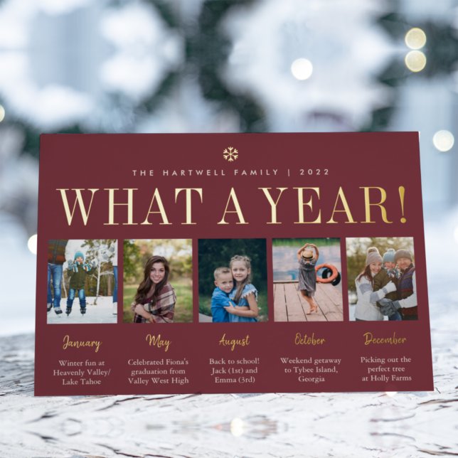 What a Year | Year in Review 5 Photo Collage Foil Holiday Card (Creator Uploaded)