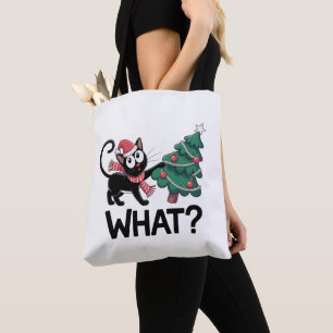 What Black Cat Christmas Tree Funny Xmas Holiday Tote Bag