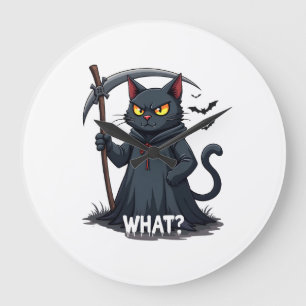 What Cat Black Cat Halloween Scary Cat Angry Cat F Large Clock