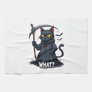 What Cat Black Cat Halloween Scary Cat Angry Cat F Tea Towel