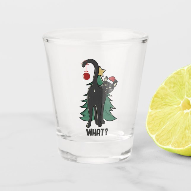 What? Christmas Black Cat Holiday Design Shot Glass (Front)