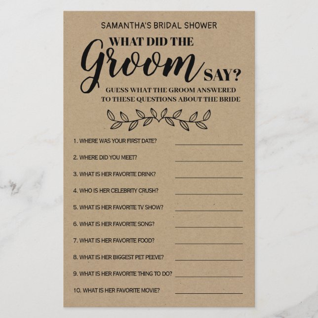 What did Groom Say Rustic Bridal Shower Game Card (Front)