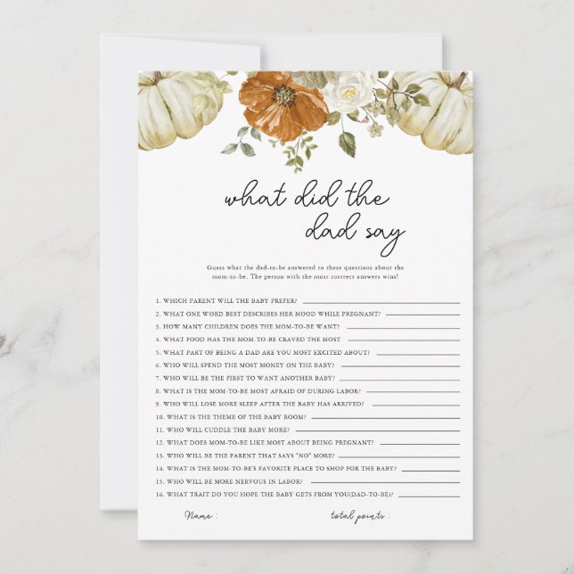 What Did the Dad Say Pumpkin Baby Shower Game Card (Front)