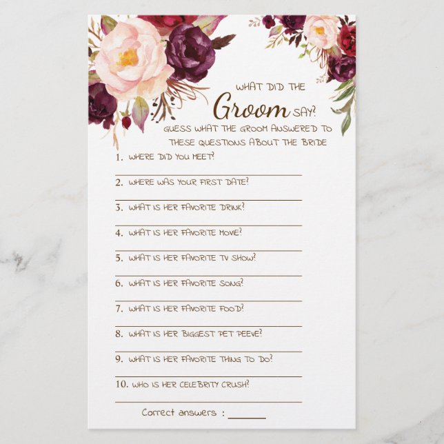 What did the Groom Say Bridal Shower Game Card (Front)