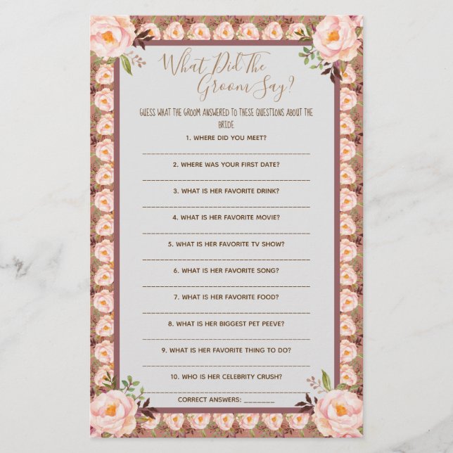 What did the Groom Say Bridal Shower Game Card (Front)