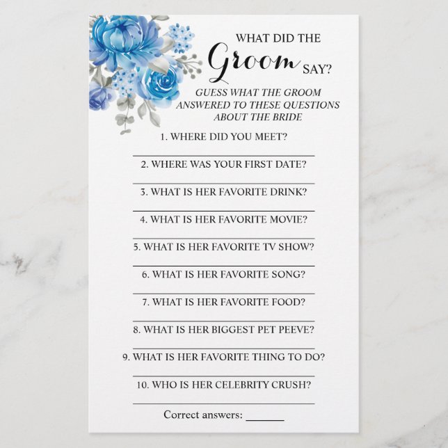 What did the Groom Say Bridal Shower Game Card (Front)